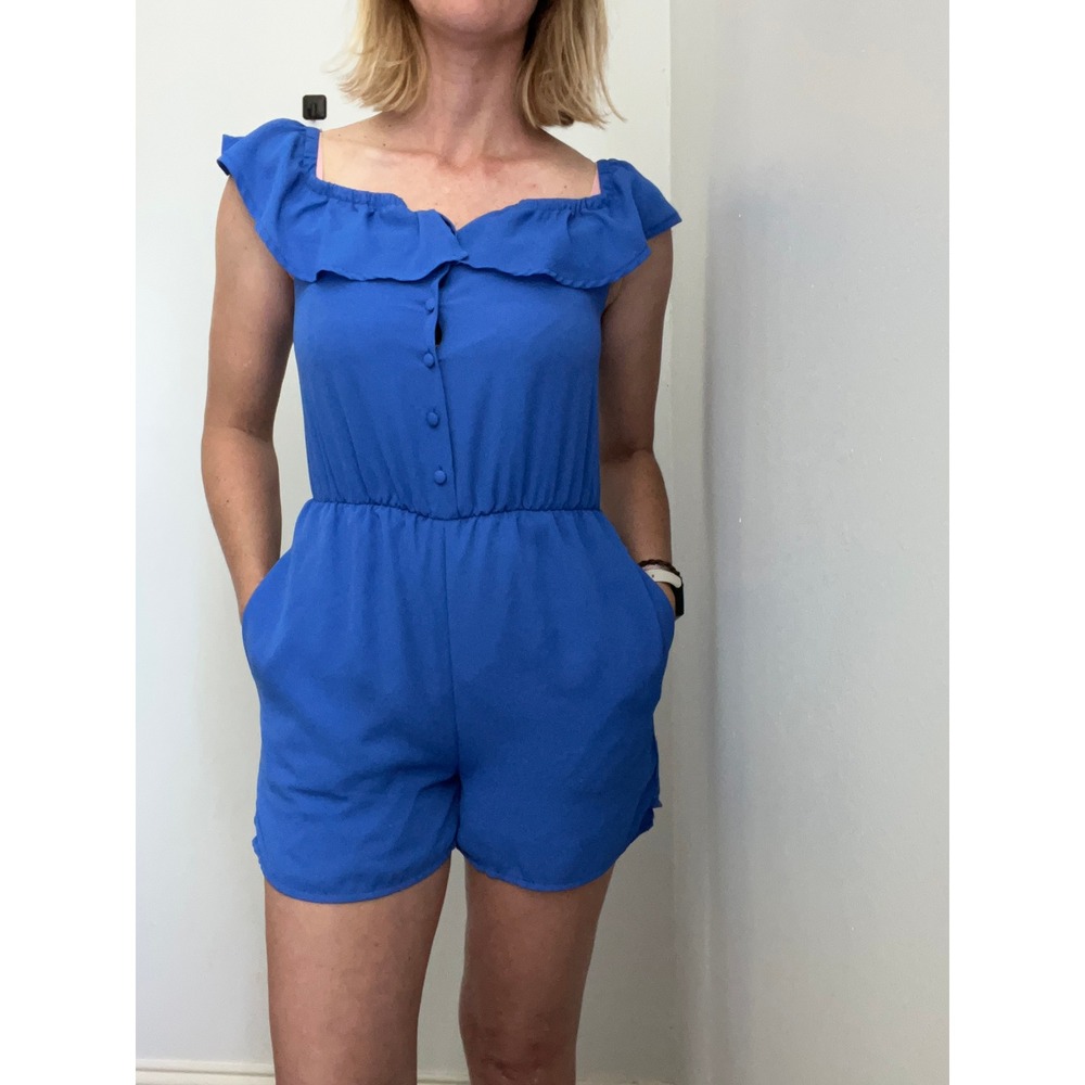 Royal Blue Ruffled Romper XS Off The Shoulder Button Front Pockets Boho Girly